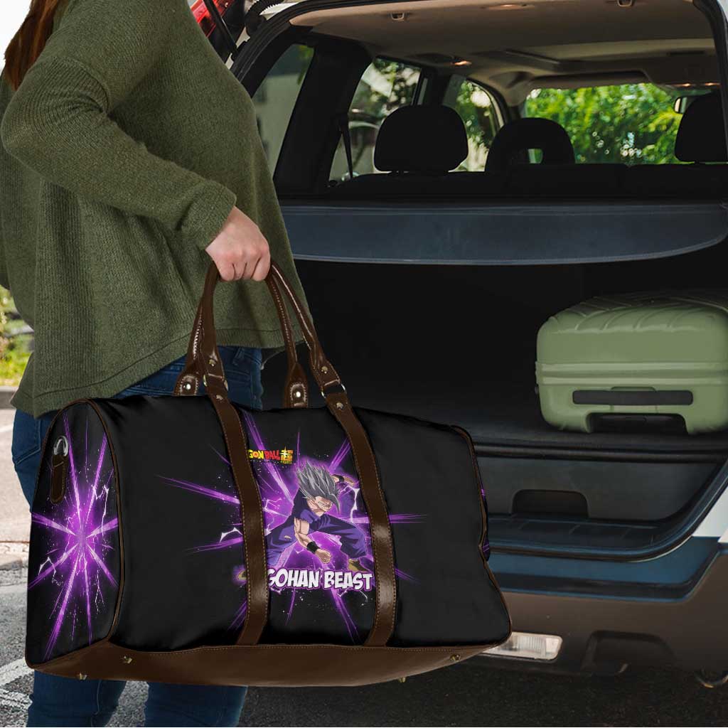 Gohan Beast Dragon Ball Super Anime Purple Lightning Aura Design Travel Bag with Dynamic Power Pose and Energy Burst Background - The Mazicc