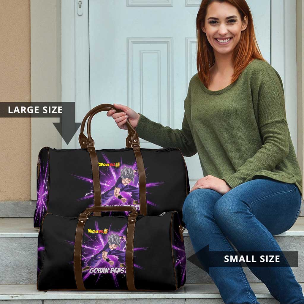Gohan Beast Dragon Ball Super Anime Purple Lightning Aura Design Travel Bag with Dynamic Power Pose and Energy Burst Background - The Mazicc