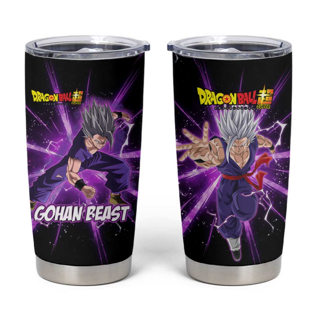 Gohan Beast Dragon Ball Super Anime Purple Lightning Aura Design Tumbler Cup with Dynamic Power Pose and Energy Burst Background - The Mazicc