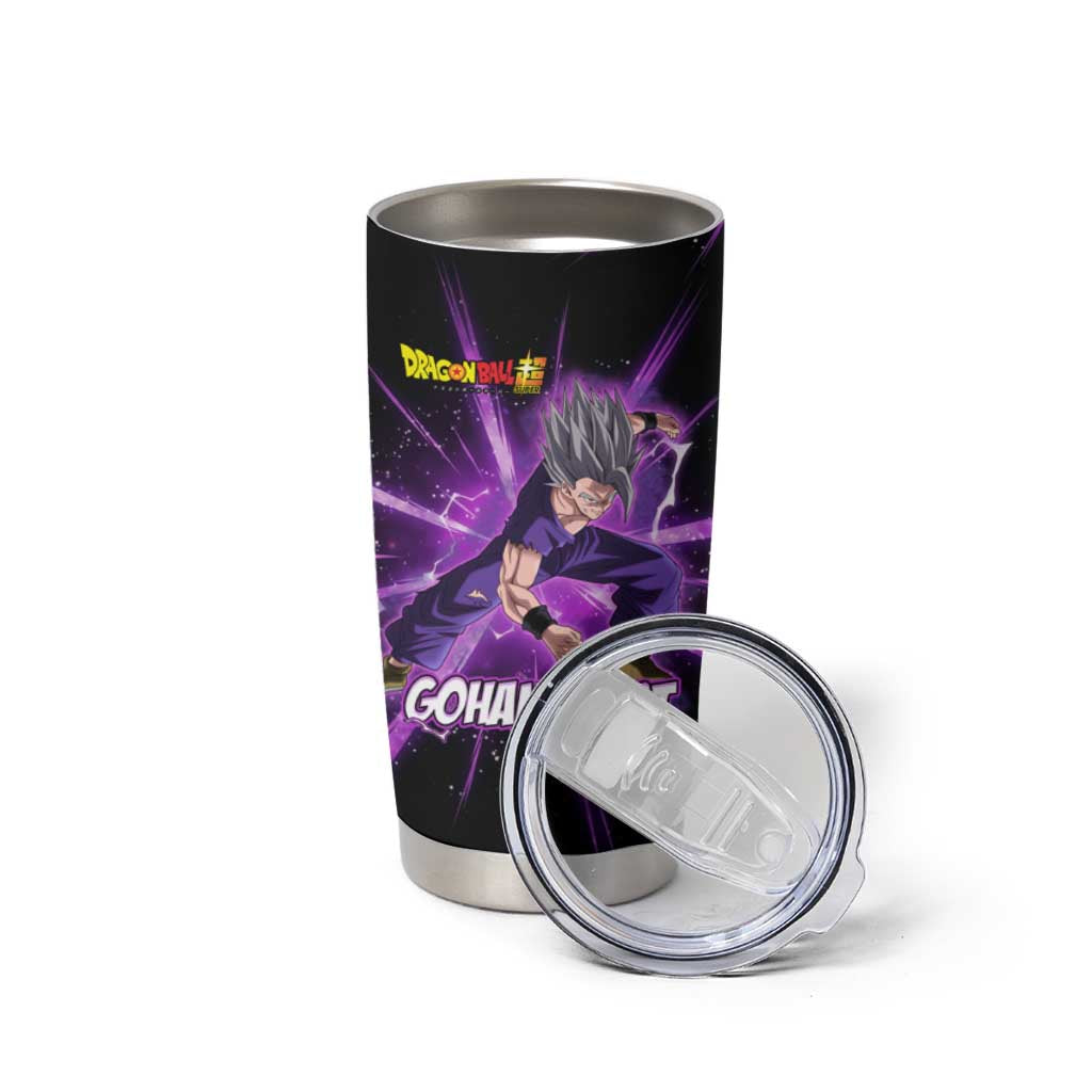Gohan Beast Dragon Ball Super Anime Purple Lightning Aura Design Tumbler Cup with Dynamic Power Pose and Energy Burst Background - The Mazicc