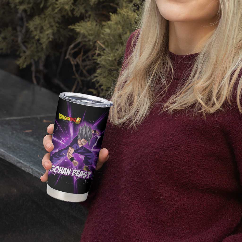 Gohan Beast Dragon Ball Super Anime Purple Lightning Aura Design Tumbler Cup with Dynamic Power Pose and Energy Burst Background - The Mazicc