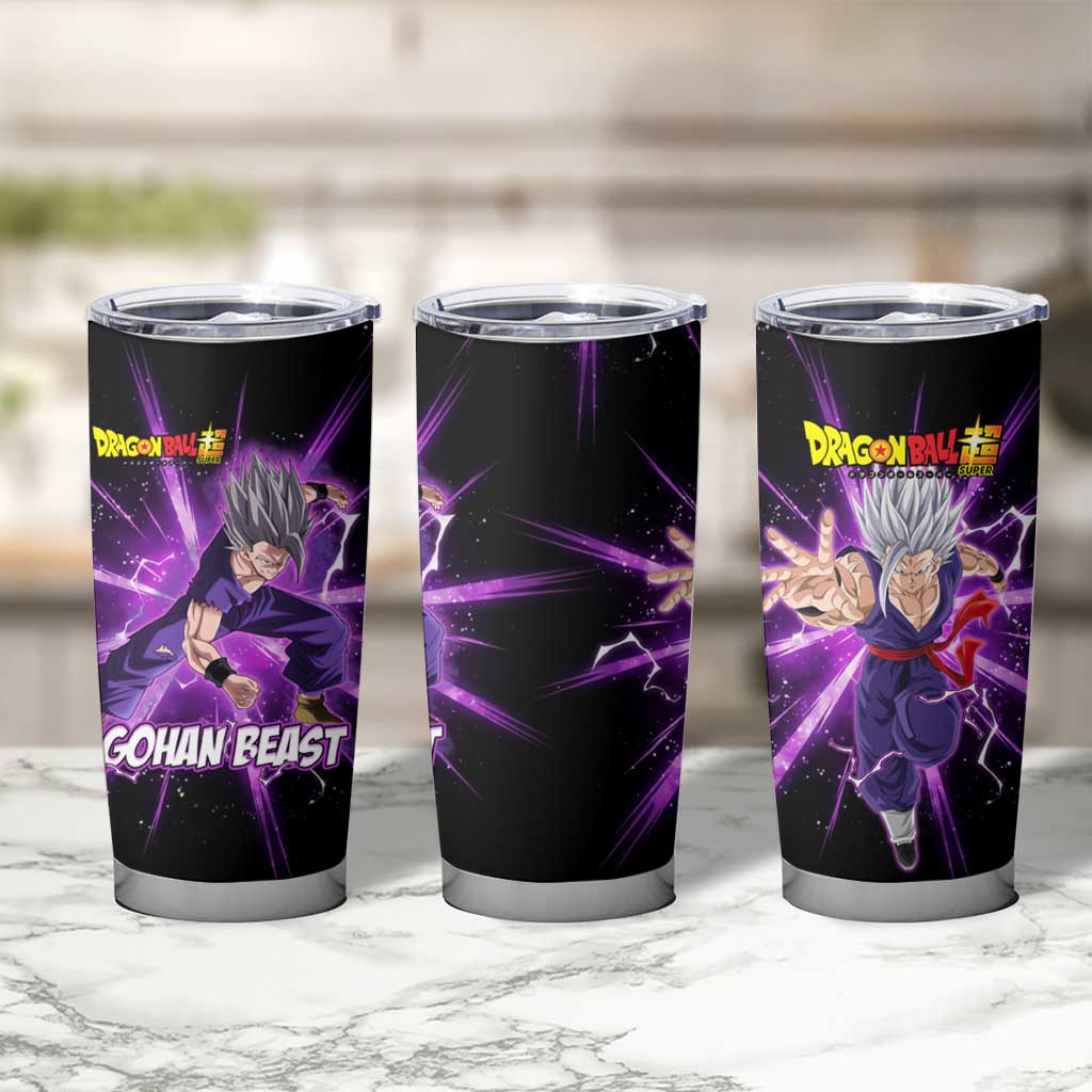 Gohan Beast Dragon Ball Super Anime Purple Lightning Aura Design Tumbler Cup with Dynamic Power Pose and Energy Burst Background - The Mazicc