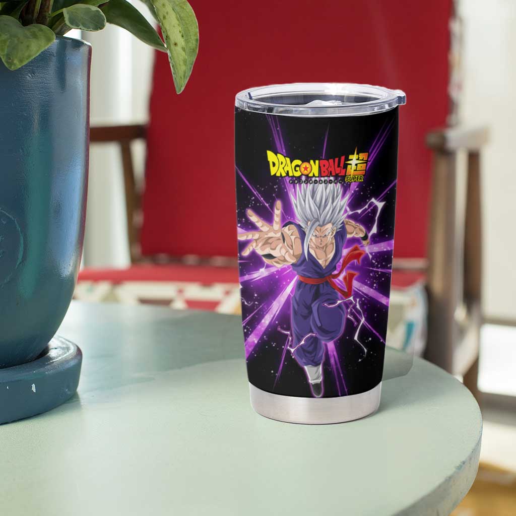 Gohan Beast Dragon Ball Super Anime Purple Lightning Aura Design Tumbler Cup with Dynamic Power Pose and Energy Burst Background - The Mazicc