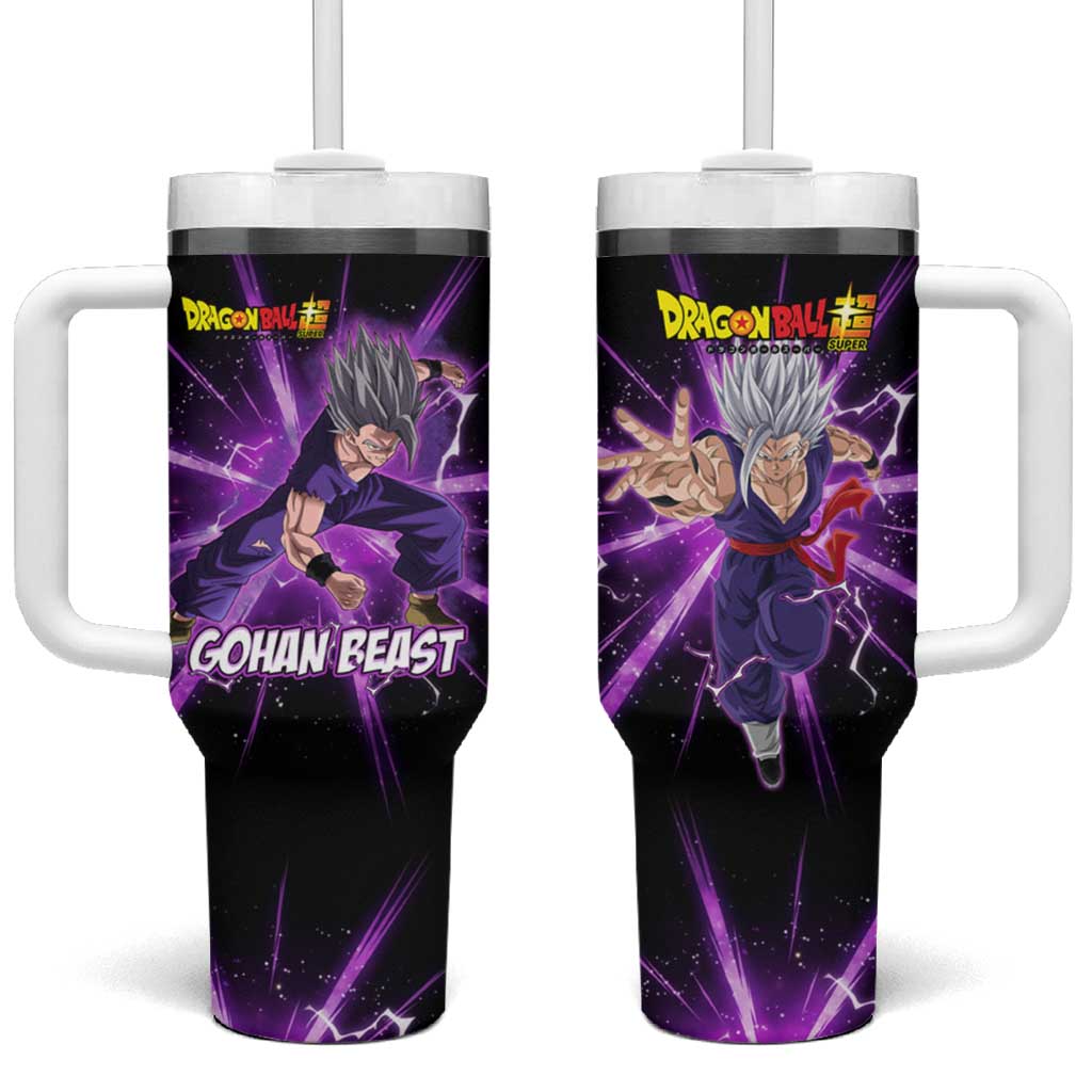 Gohan Beast Dragon Ball Super Anime Purple Lightning Aura Design Tumbler With Handle with Dynamic Power Pose and Energy Burst Background - The Mazicc