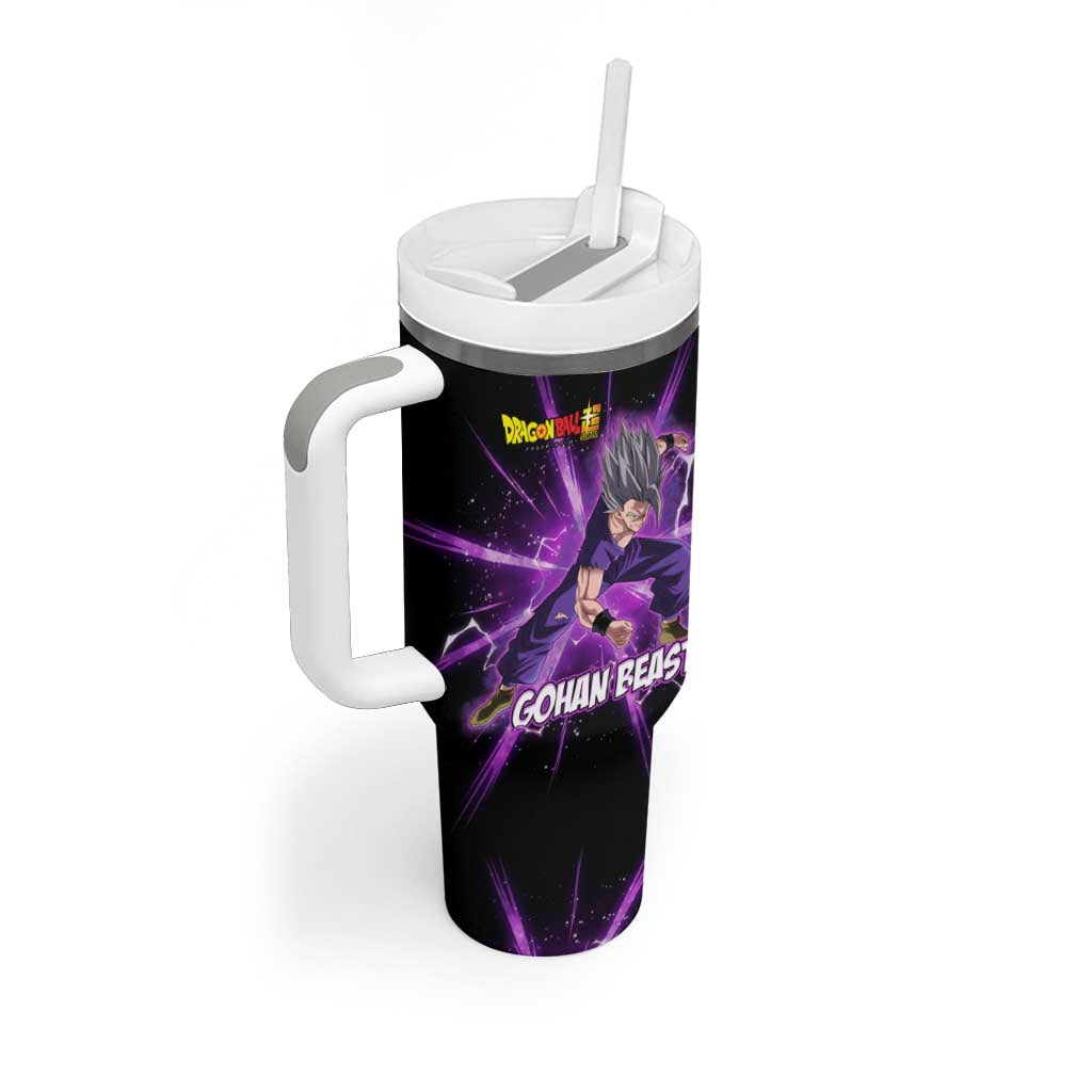 Gohan Beast Dragon Ball Super Anime Purple Lightning Aura Design Tumbler With Handle with Dynamic Power Pose and Energy Burst Background - The Mazicc