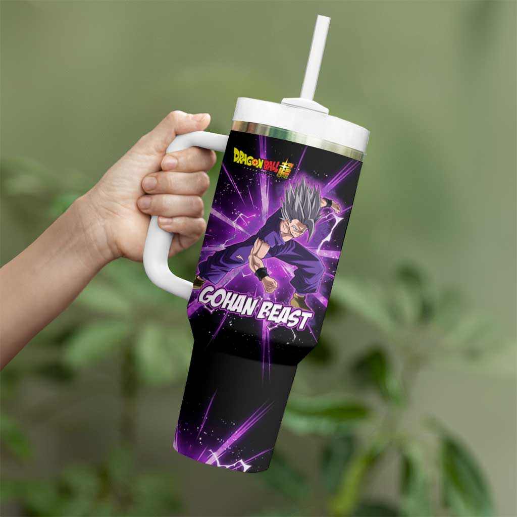 Gohan Beast Dragon Ball Super Anime Purple Lightning Aura Design Tumbler With Handle with Dynamic Power Pose and Energy Burst Background - The Mazicc