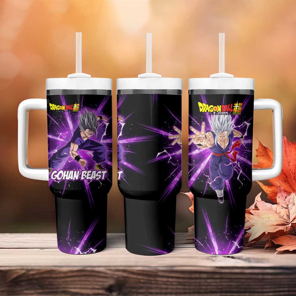 Gohan Beast Dragon Ball Super Anime Purple Lightning Aura Design Tumbler With Handle with Dynamic Power Pose and Energy Burst Background - The Mazicc