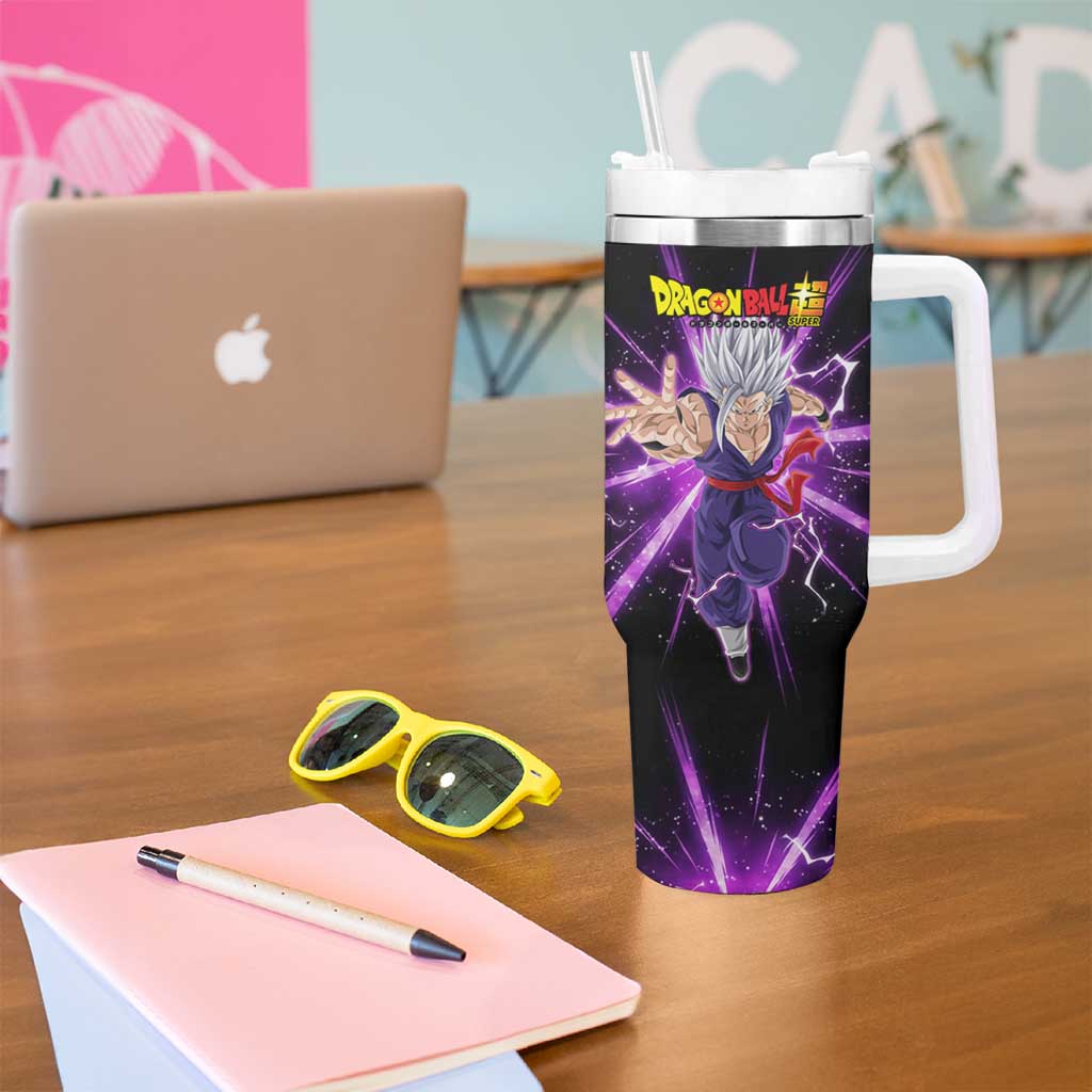 Gohan Beast Dragon Ball Super Anime Purple Lightning Aura Design Tumbler With Handle with Dynamic Power Pose and Energy Burst Background - The Mazicc