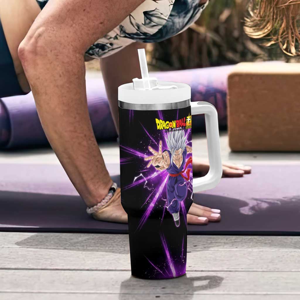 Gohan Beast Dragon Ball Super Anime Purple Lightning Aura Design Tumbler With Handle with Dynamic Power Pose and Energy Burst Background - The Mazicc