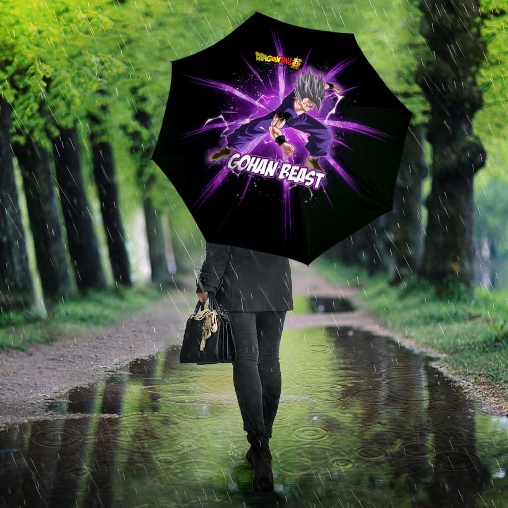 Gohan Beast Dragon Ball Super Anime Purple Lightning Aura Design Umbrella with Dynamic Power Pose and Energy Burst Background - The Mazicc