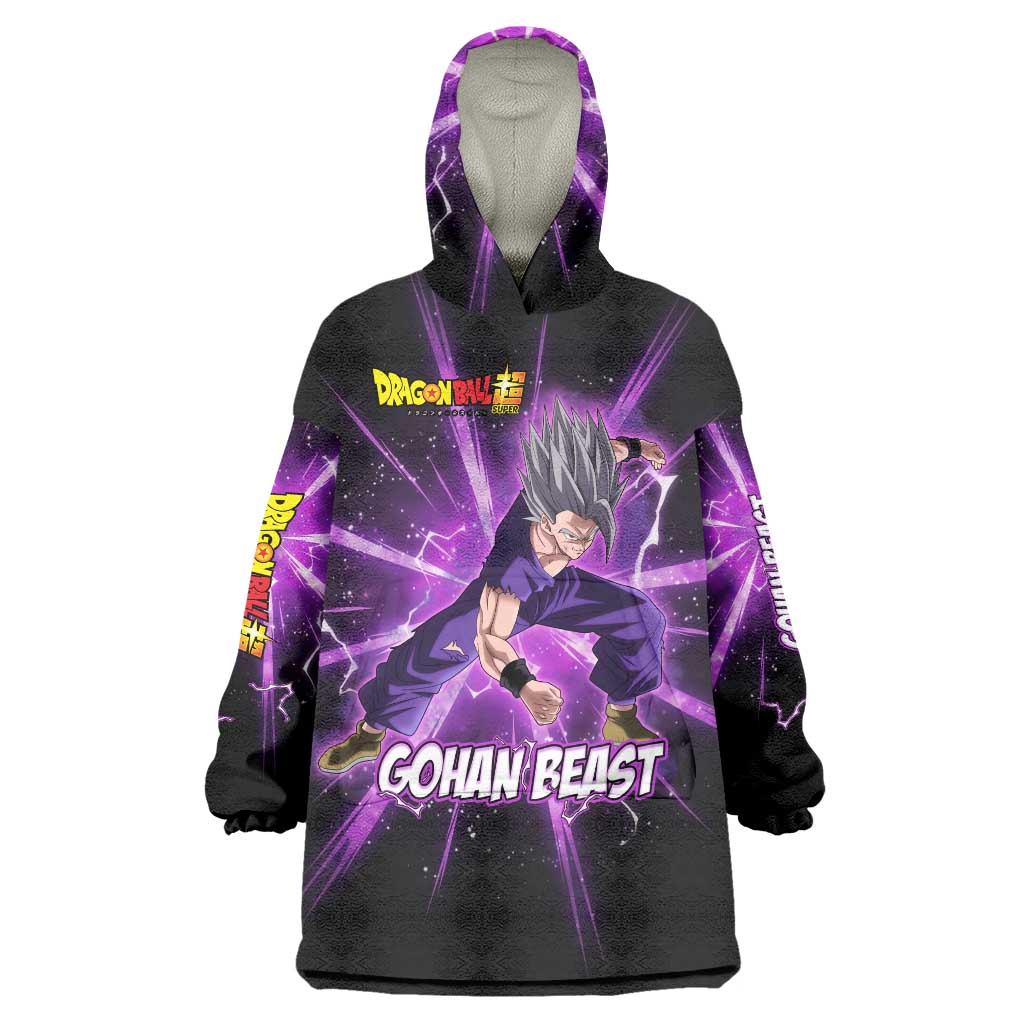Gohan Beast Dragon Ball Super Anime Purple Lightning Aura Design Wearable Blanket Hoodie with Dynamic Power Pose and Energy Burst Background - The Mazicc