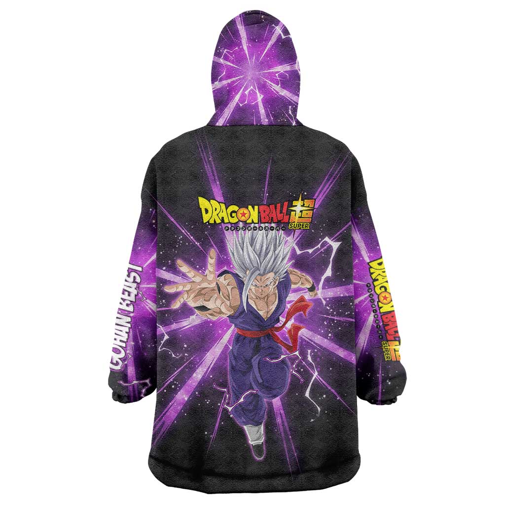 Gohan Beast Dragon Ball Super Anime Purple Lightning Aura Design Wearable Blanket Hoodie with Dynamic Power Pose and Energy Burst Background - The Mazicc