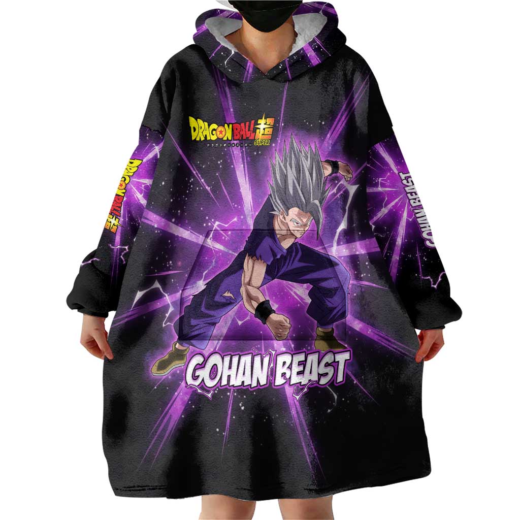 Gohan Beast Dragon Ball Super Anime Purple Lightning Aura Design Wearable Blanket Hoodie with Dynamic Power Pose and Energy Burst Background - The Mazicc