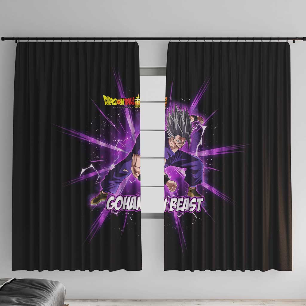 Gohan Beast Dragon Ball Super Anime Purple Lightning Aura Design Window Curtain with Dynamic Power Pose and Energy Burst Background - The Mazicc