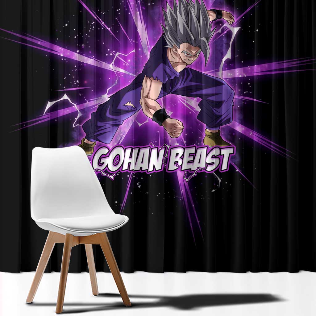 Gohan Beast Dragon Ball Super Anime Purple Lightning Aura Design Window Curtain with Dynamic Power Pose and Energy Burst Background - The Mazicc