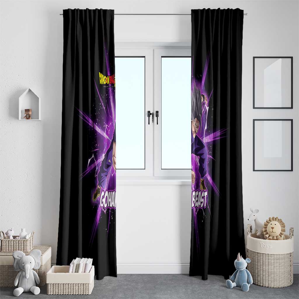Gohan Beast Dragon Ball Super Anime Purple Lightning Aura Design Window Curtain with Dynamic Power Pose and Energy Burst Background - The Mazicc