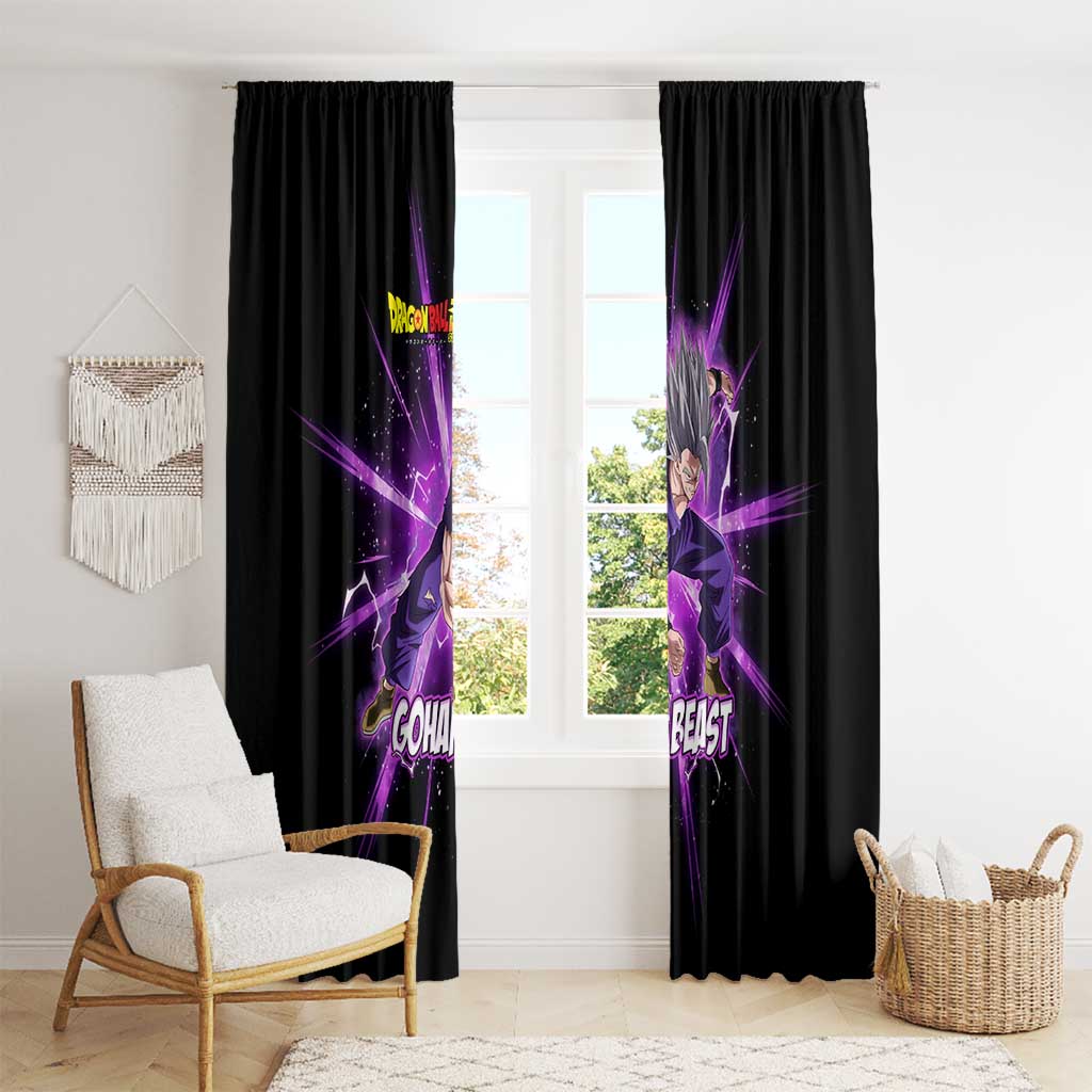 Gohan Beast Dragon Ball Super Anime Purple Lightning Aura Design Window Curtain with Dynamic Power Pose and Energy Burst Background - The Mazicc
