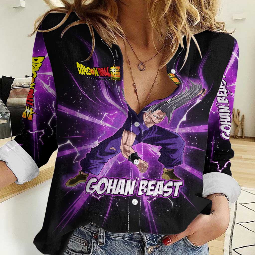 Gohan Beast Dragon Ball Super Anime Purple Lightning Aura Design Women Casual Shirt with Dynamic Power Pose and Energy Burst Background - The Mazicc