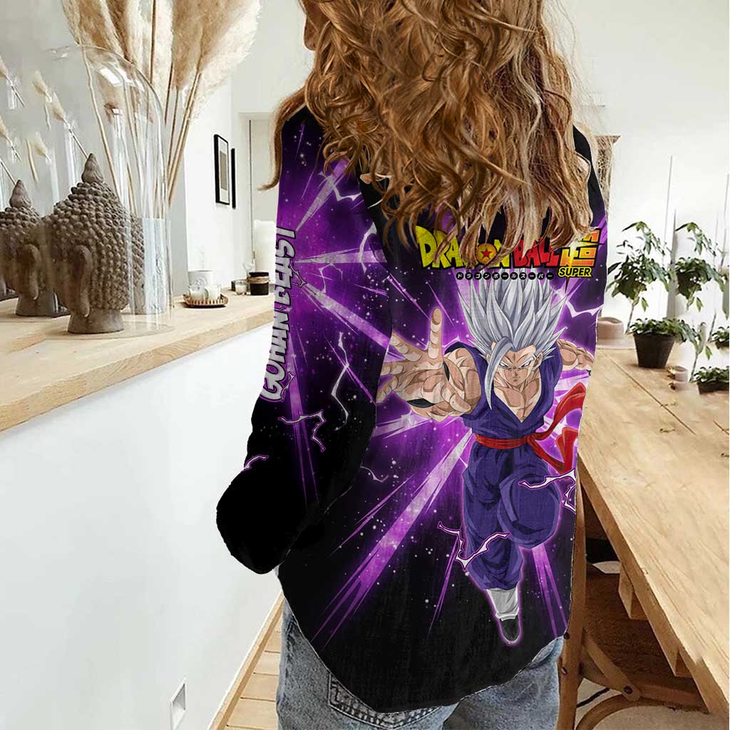 Gohan Beast Dragon Ball Super Anime Purple Lightning Aura Design Women Casual Shirt with Dynamic Power Pose and Energy Burst Background - The Mazicc