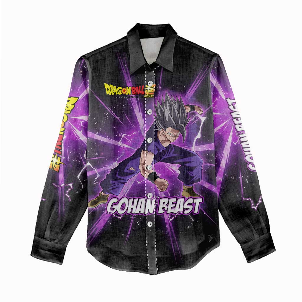 Gohan Beast Dragon Ball Super Anime Purple Lightning Aura Design Women Casual Shirt with Dynamic Power Pose and Energy Burst Background - The Mazicc