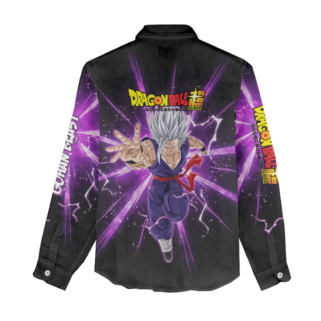 Gohan Beast Dragon Ball Super Anime Purple Lightning Aura Design Women Casual Shirt with Dynamic Power Pose and Energy Burst Background - The Mazicc