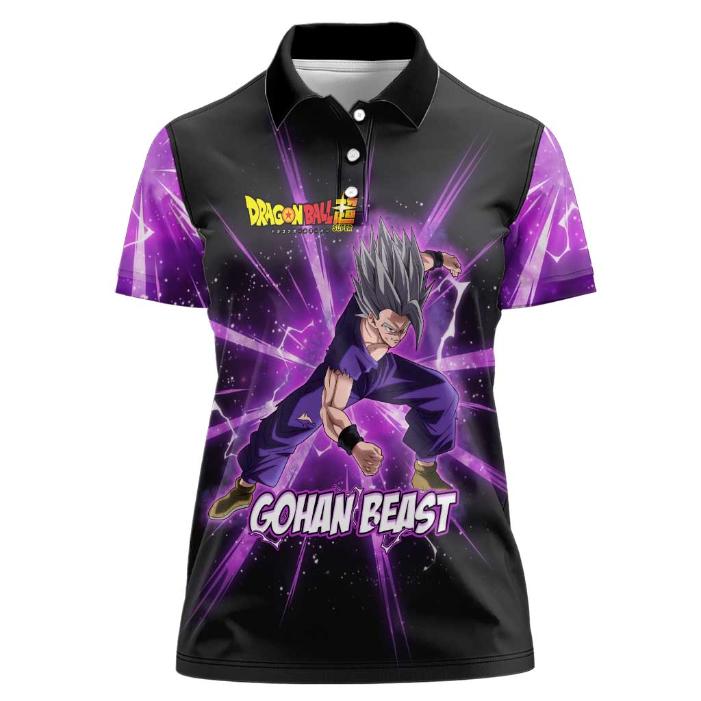 Gohan Beast Dragon Ball Super Anime Purple Lightning Aura Design Women Polo Shirt with Dynamic Power Pose and Energy Burst Background - The Mazicc
