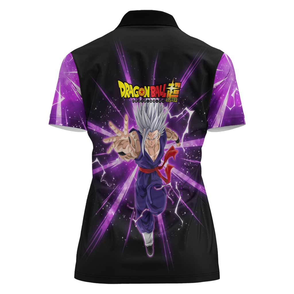 Gohan Beast Dragon Ball Super Anime Purple Lightning Aura Design Women Polo Shirt with Dynamic Power Pose and Energy Burst Background - The Mazicc