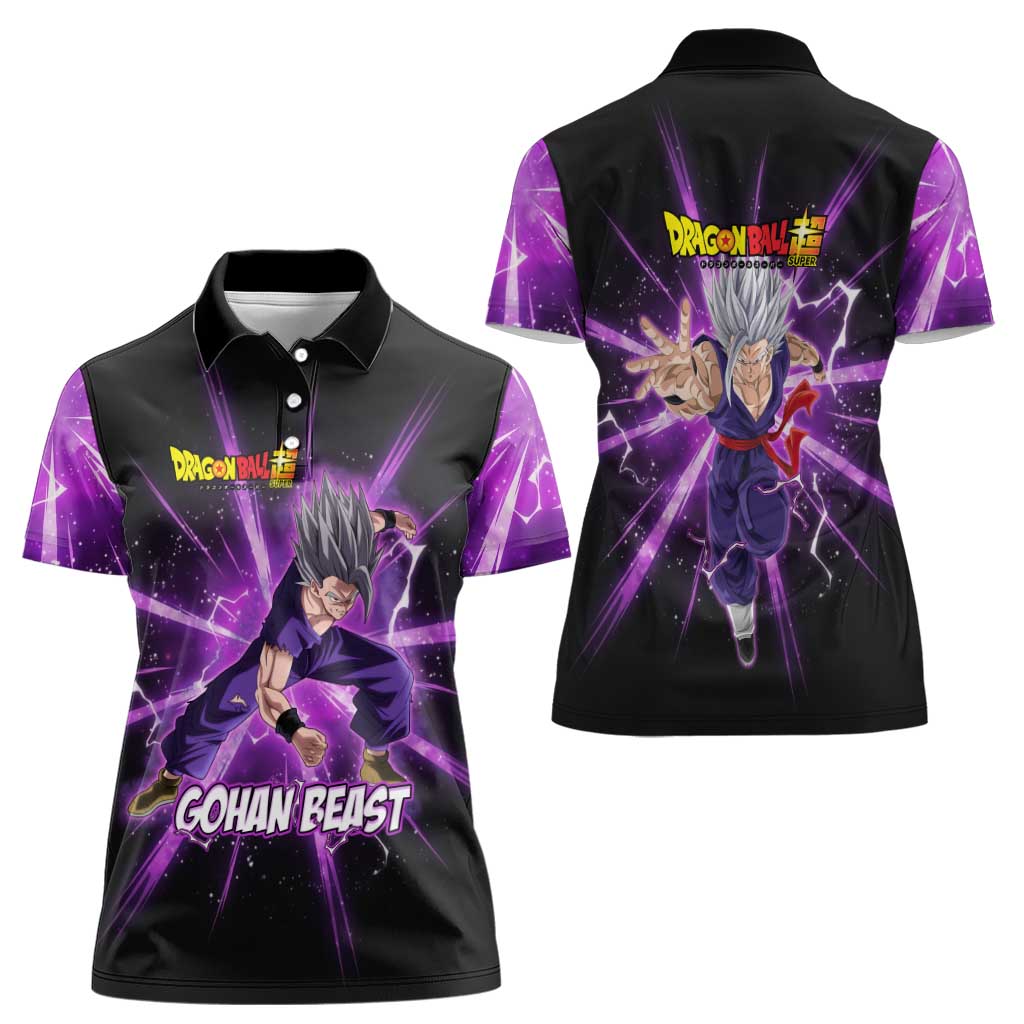 Gohan Beast Dragon Ball Super Anime Purple Lightning Aura Design Women Polo Shirt with Dynamic Power Pose and Energy Burst Background - The Mazicc
