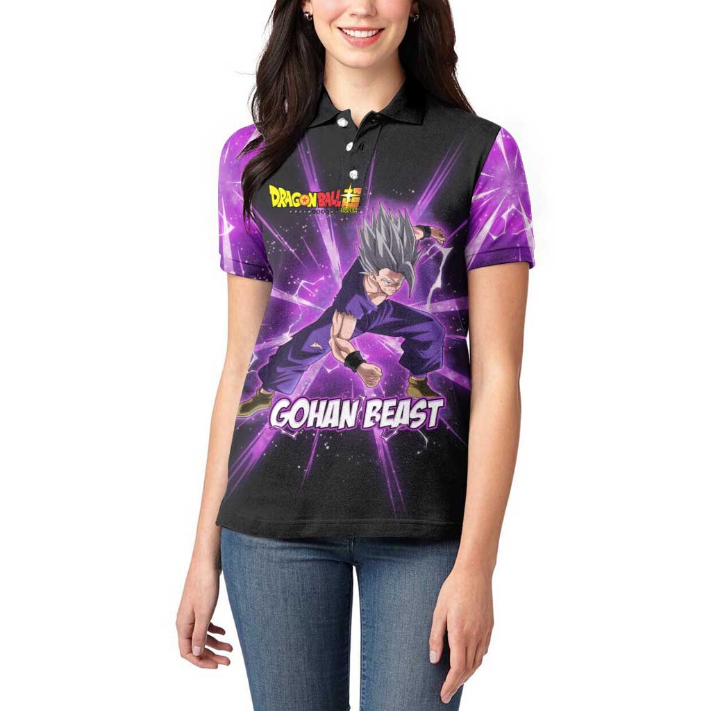 Gohan Beast Dragon Ball Super Anime Purple Lightning Aura Design Women Polo Shirt with Dynamic Power Pose and Energy Burst Background - The Mazicc