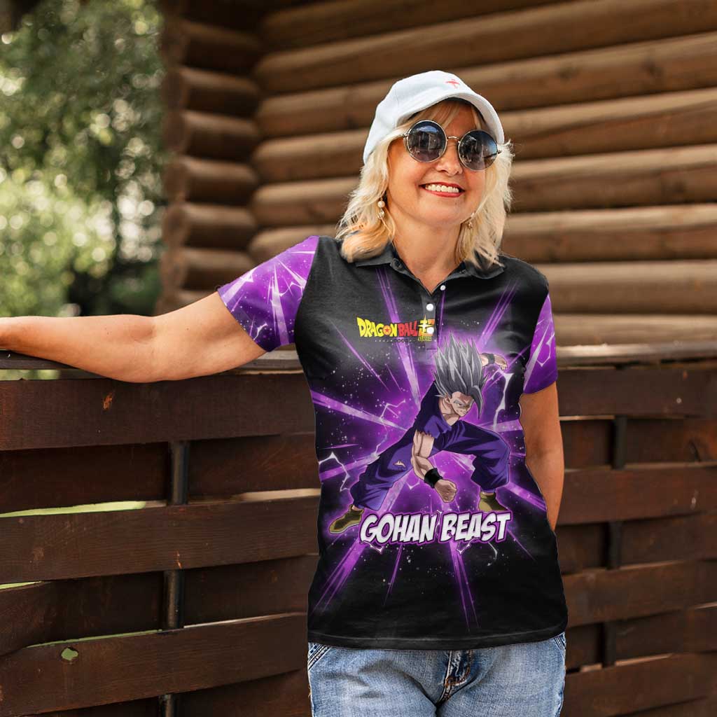 Gohan Beast Dragon Ball Super Anime Purple Lightning Aura Design Women Polo Shirt with Dynamic Power Pose and Energy Burst Background - The Mazicc