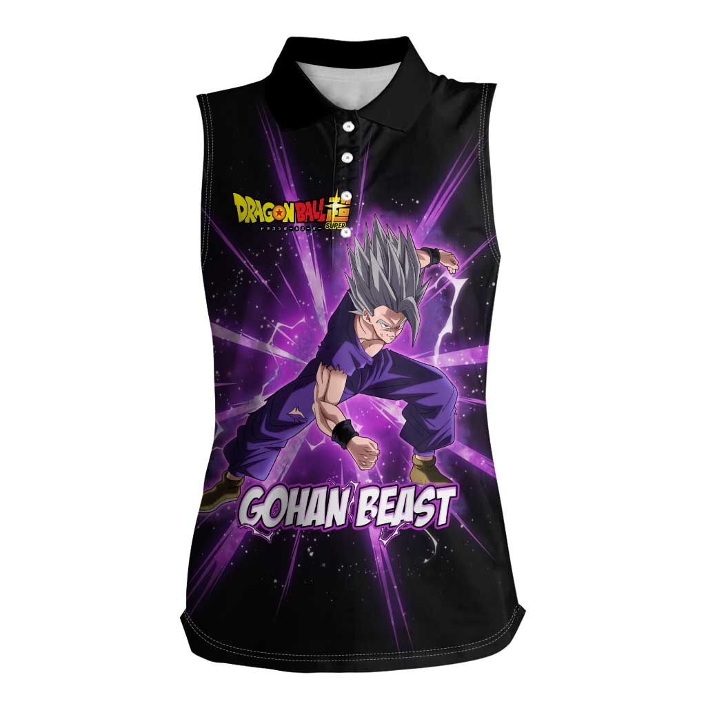 Gohan Beast Dragon Ball Super Anime Purple Lightning Aura Design Women Sleeveless Polo Shirt with Dynamic Power Pose and Energy Burst Background - The Mazicc