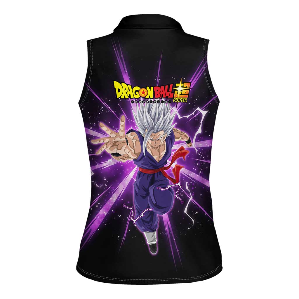 Gohan Beast Dragon Ball Super Anime Purple Lightning Aura Design Women Sleeveless Polo Shirt with Dynamic Power Pose and Energy Burst Background - The Mazicc