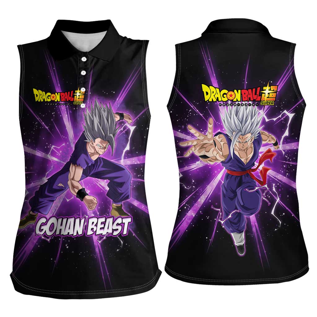 Gohan Beast Dragon Ball Super Anime Purple Lightning Aura Design Women Sleeveless Polo Shirt with Dynamic Power Pose and Energy Burst Background - The Mazicc