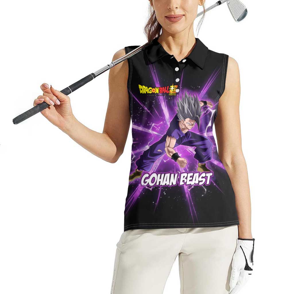 Gohan Beast Dragon Ball Super Anime Purple Lightning Aura Design Women Sleeveless Polo Shirt with Dynamic Power Pose and Energy Burst Background - The Mazicc