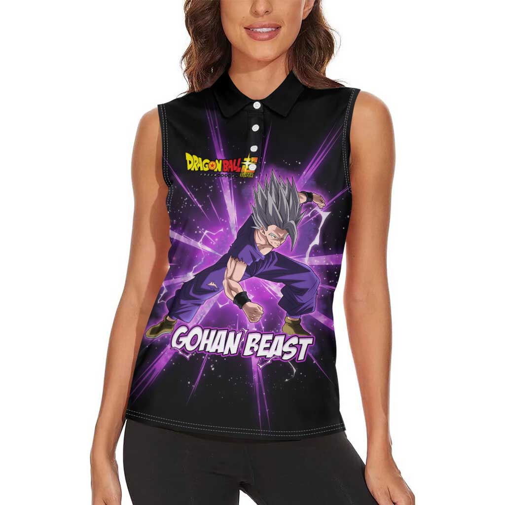 Gohan Beast Dragon Ball Super Anime Purple Lightning Aura Design Women Sleeveless Polo Shirt with Dynamic Power Pose and Energy Burst Background - The Mazicc