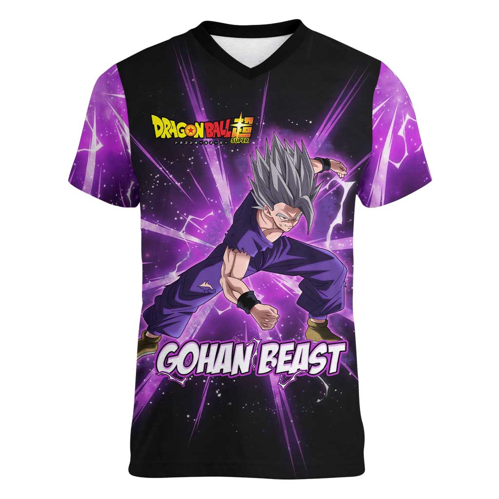Gohan Beast Dragon Ball Super Anime Purple Lightning Aura Design Women V-Neck T-Shirt with Dynamic Power Pose and Energy Burst Background - The Mazicc