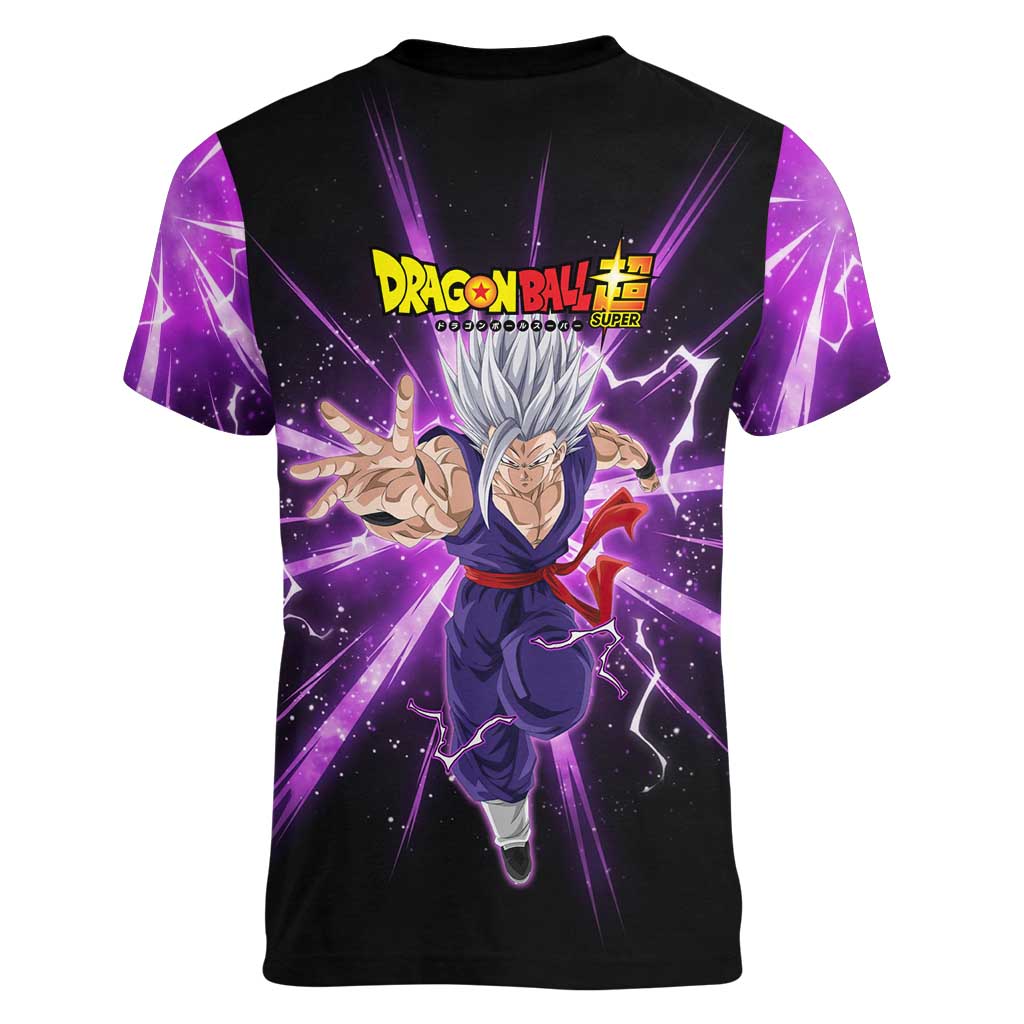 Gohan Beast Dragon Ball Super Anime Purple Lightning Aura Design Women V-Neck T-Shirt with Dynamic Power Pose and Energy Burst Background - The Mazicc