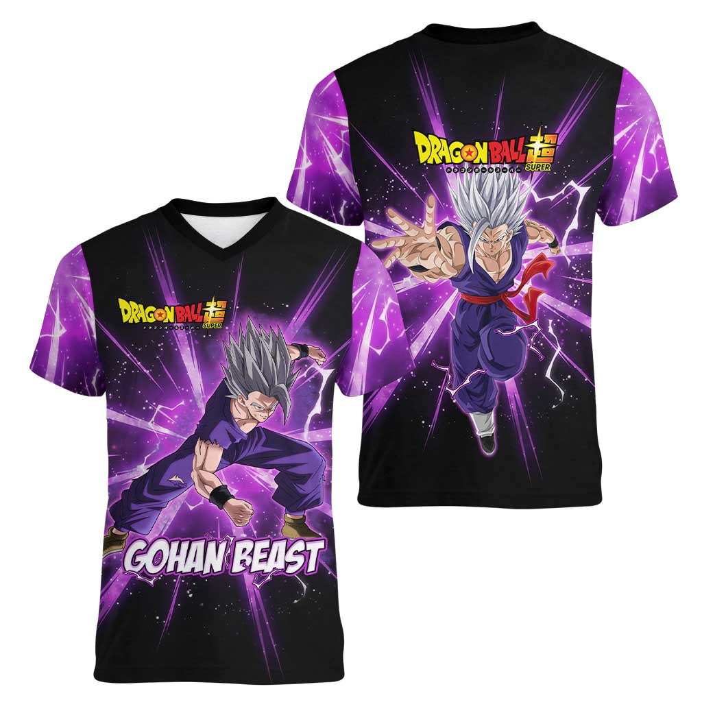 Gohan Beast Dragon Ball Super Anime Purple Lightning Aura Design Women V-Neck T-Shirt with Dynamic Power Pose and Energy Burst Background - The Mazicc