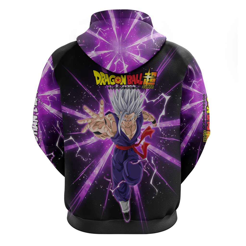Gohan Beast Dragon Ball Super Anime Purple Lightning Aura Design Zip Hoodie with Dynamic Power Pose and Energy Burst Background - The Mazicc
