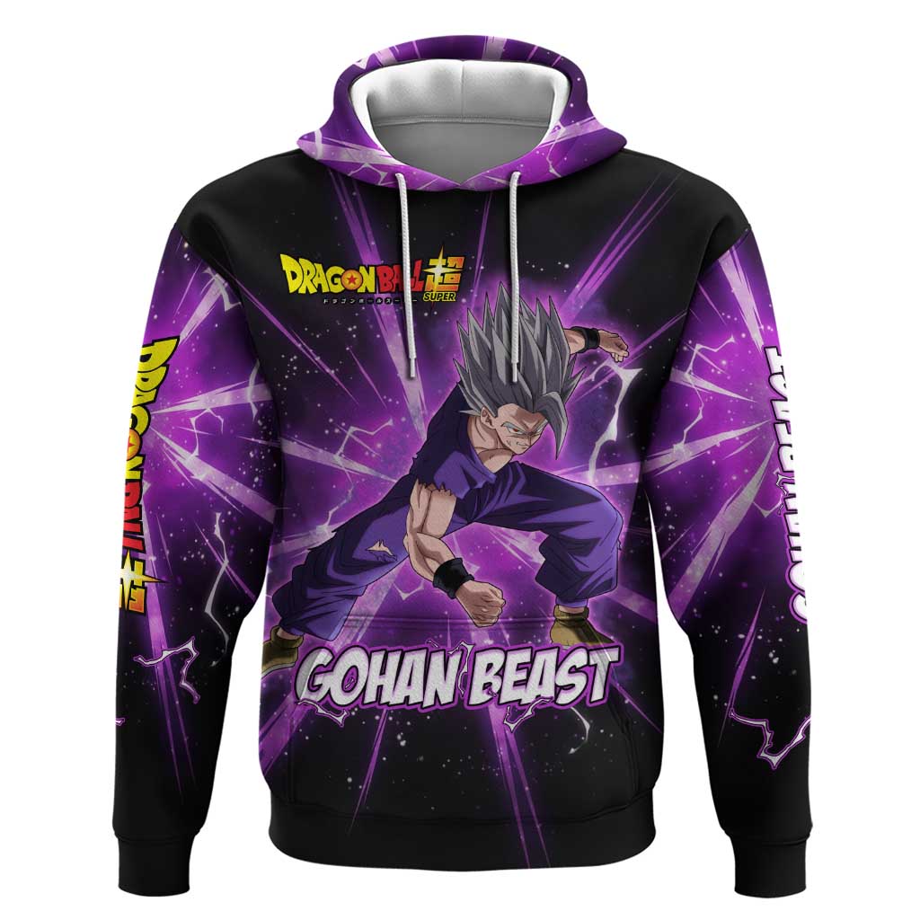 Gohan Beast Dragon Ball Super Anime Purple Lightning Aura Design Zip Hoodie with Dynamic Power Pose and Energy Burst Background - The Mazicc