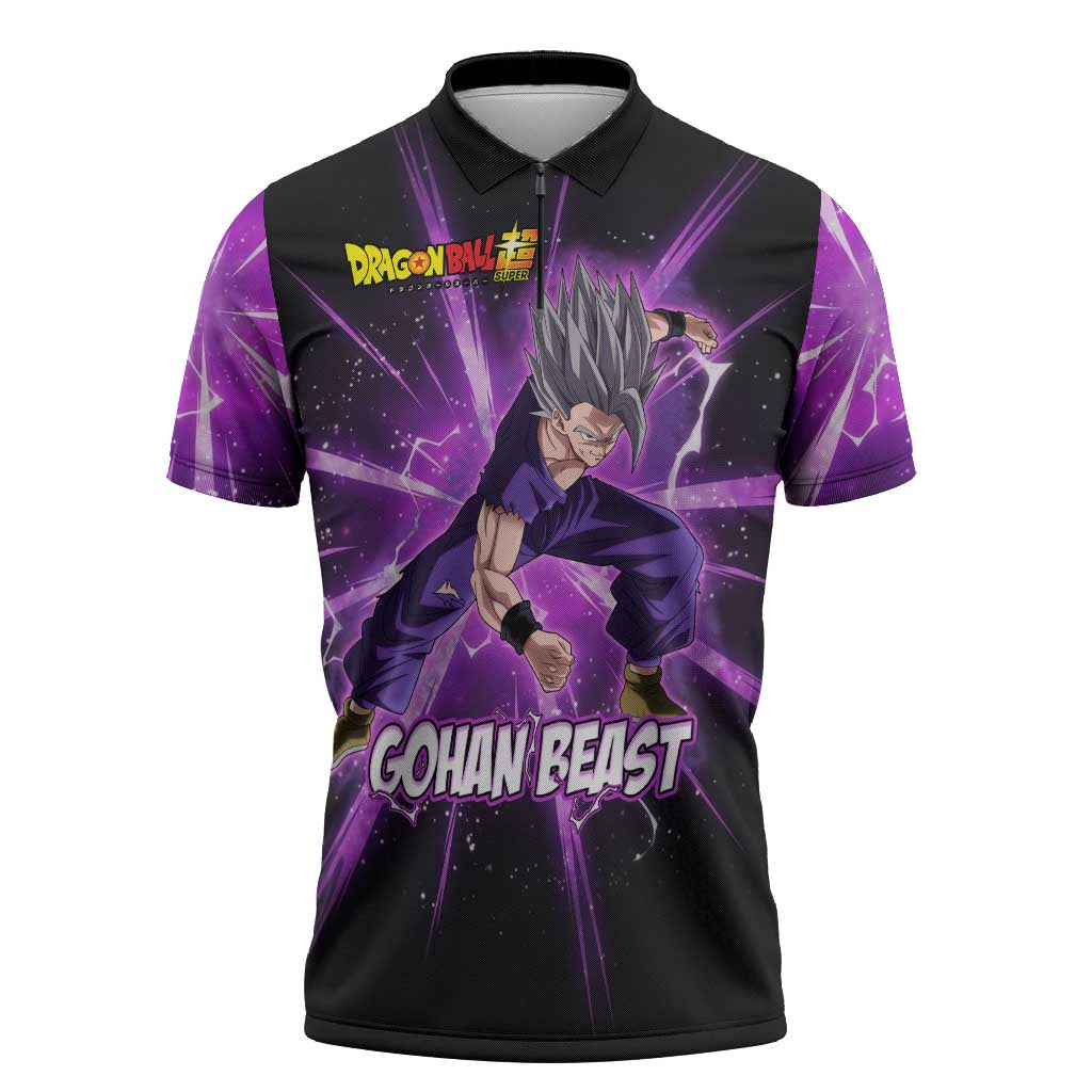 Gohan Beast Dragon Ball Super Anime Purple Lightning Aura Design Zipper Polo Shirt with Dynamic Power Pose and Energy Burst Background - The Mazicc