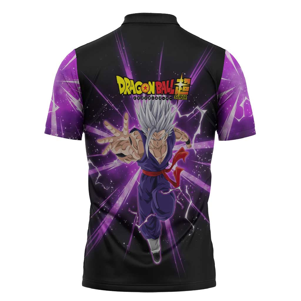 Gohan Beast Dragon Ball Super Anime Purple Lightning Aura Design Zipper Polo Shirt with Dynamic Power Pose and Energy Burst Background - The Mazicc