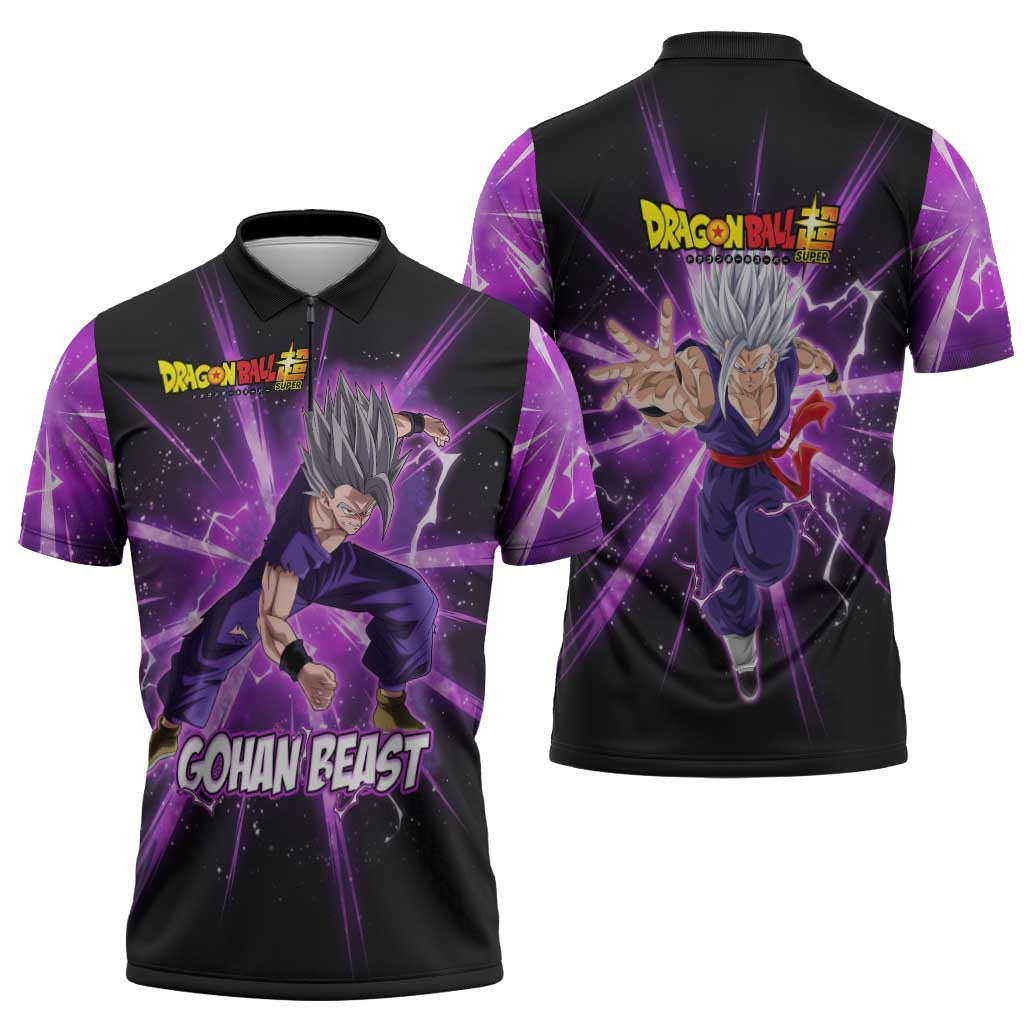 Gohan Beast Dragon Ball Super Anime Purple Lightning Aura Design Zipper Polo Shirt with Dynamic Power Pose and Energy Burst Background - The Mazicc