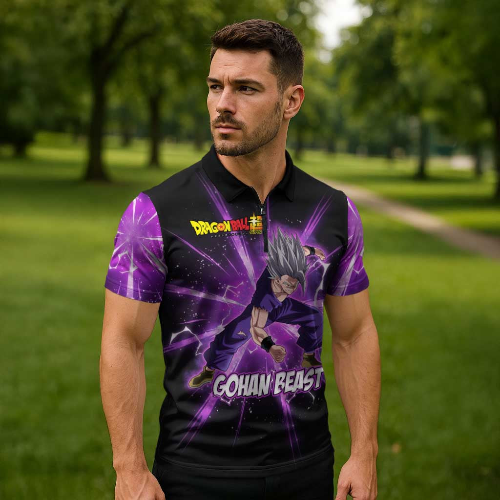 Gohan Beast Dragon Ball Super Anime Purple Lightning Aura Design Zipper Polo Shirt with Dynamic Power Pose and Energy Burst Background - The Mazicc