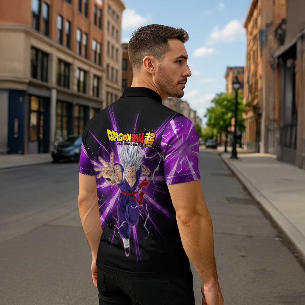 Gohan Beast Dragon Ball Super Anime Purple Lightning Aura Design Zipper Polo Shirt with Dynamic Power Pose and Energy Burst Background - The Mazicc