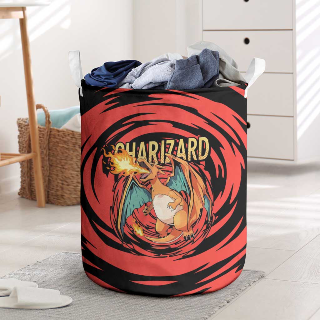 Charizard Pokémon Red and Black Swirl Design Laundry Basket with Flames, Pokéball Accents, and Dynamic Fire-Breathing Pose - The Mazicc