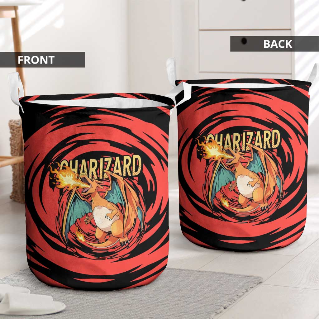 Charizard Pokémon Red and Black Swirl Design Laundry Basket with Flames, Pokéball Accents, and Dynamic Fire-Breathing Pose - The Mazicc