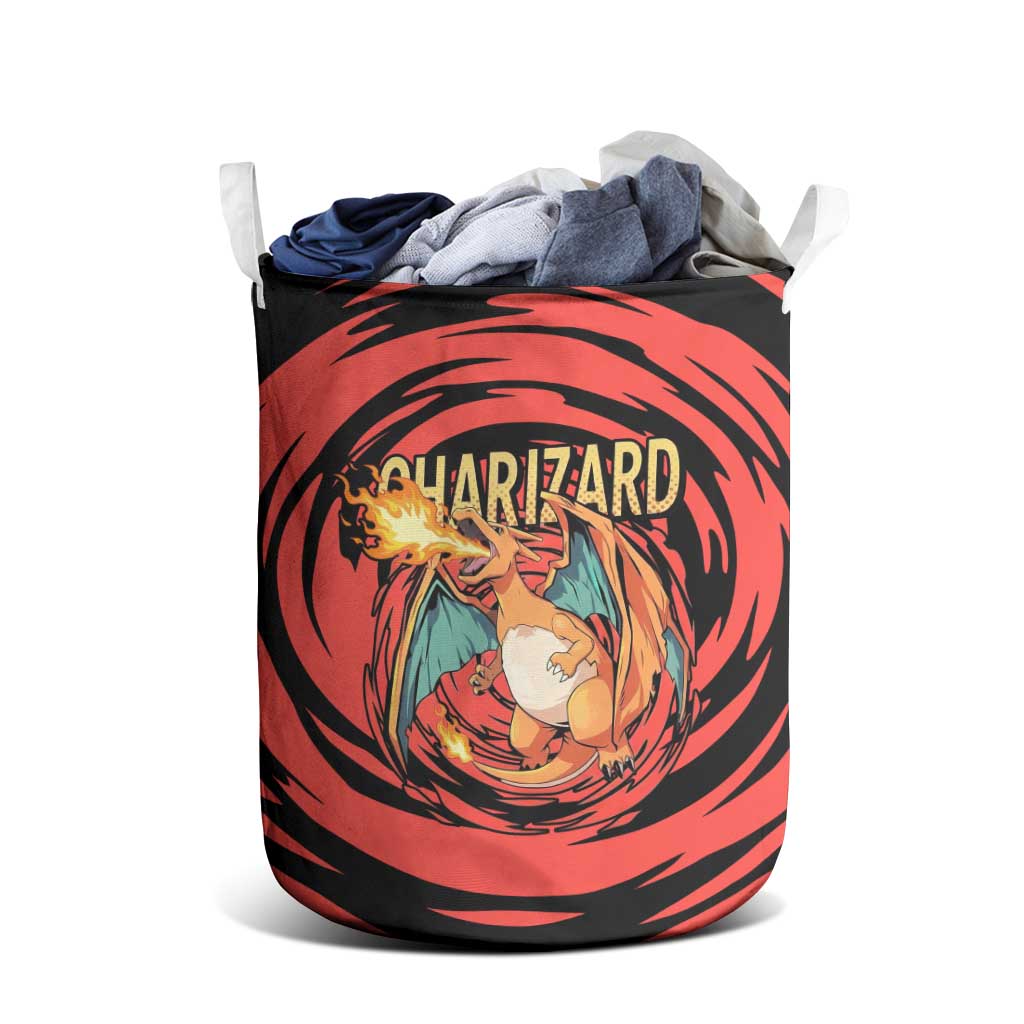 Charizard Pokémon Red and Black Swirl Design Laundry Basket with Flames, Pokéball Accents, and Dynamic Fire-Breathing Pose - The Mazicc
