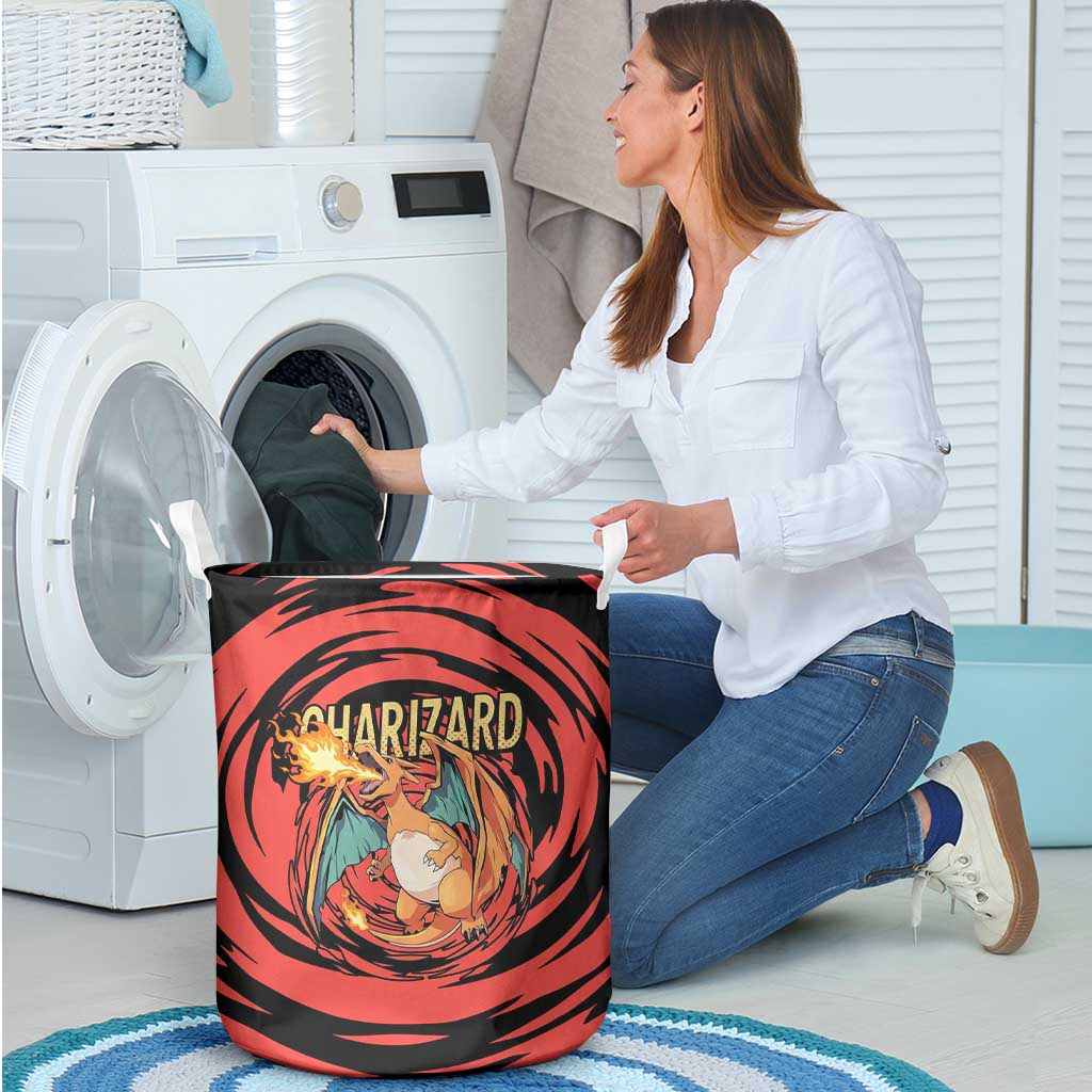 Charizard Pokémon Red and Black Swirl Design Laundry Basket with Flames, Pokéball Accents, and Dynamic Fire-Breathing Pose - The Mazicc