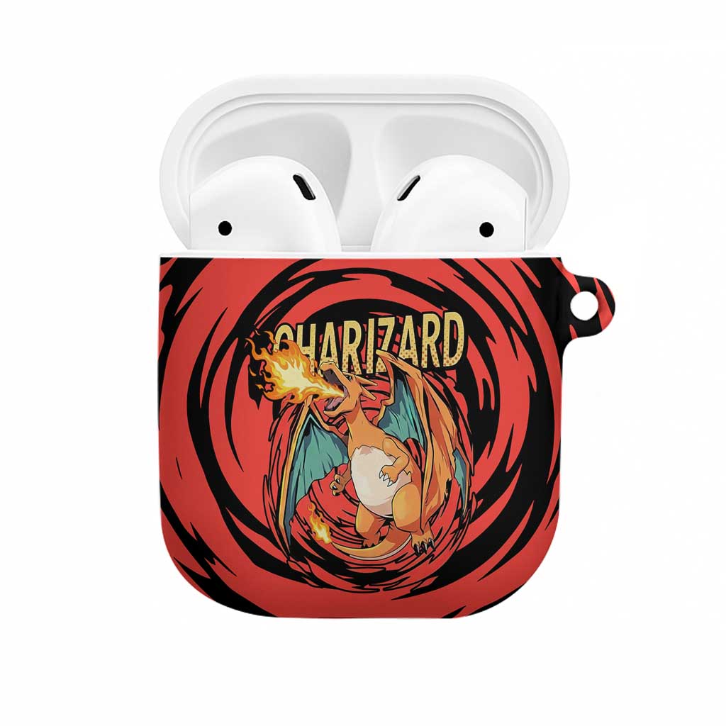 Charizard Pokémon Red and Black Swirl Design AirPods Case with Flames, Pokéball Accents, and Dynamic Fire-Breathing Pose - The Mazicc